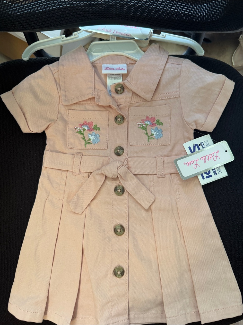 Little Lass Peach Short-Sleeve Button Front Dress with Floral Embroidery